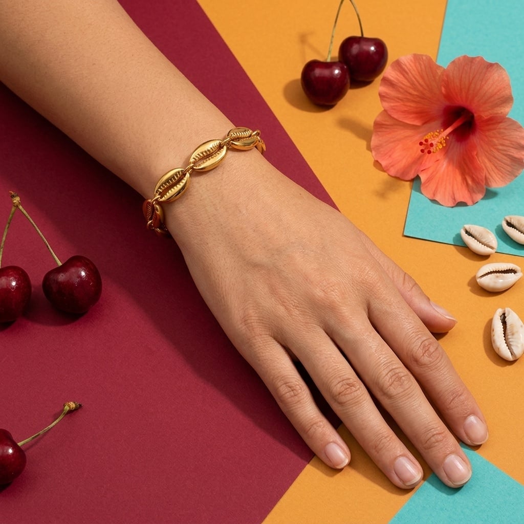 Bracelet gourmette à breloques coquillages en acier inoxydable doré porté | Bloom × Blaze
