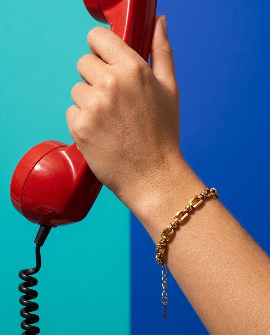 Bracelet à maillons rectangulaires évidés en acier inoxydable doré porté | Bloom × Blaze