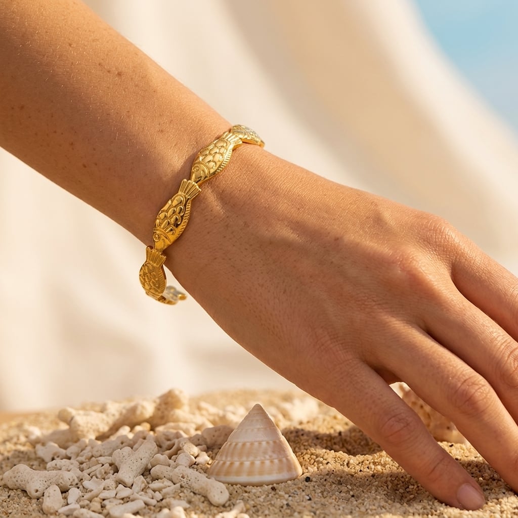 Bracelet jonc ouvert à motifs marins en acier inoxydable doré porté | Bloom × Blaze
