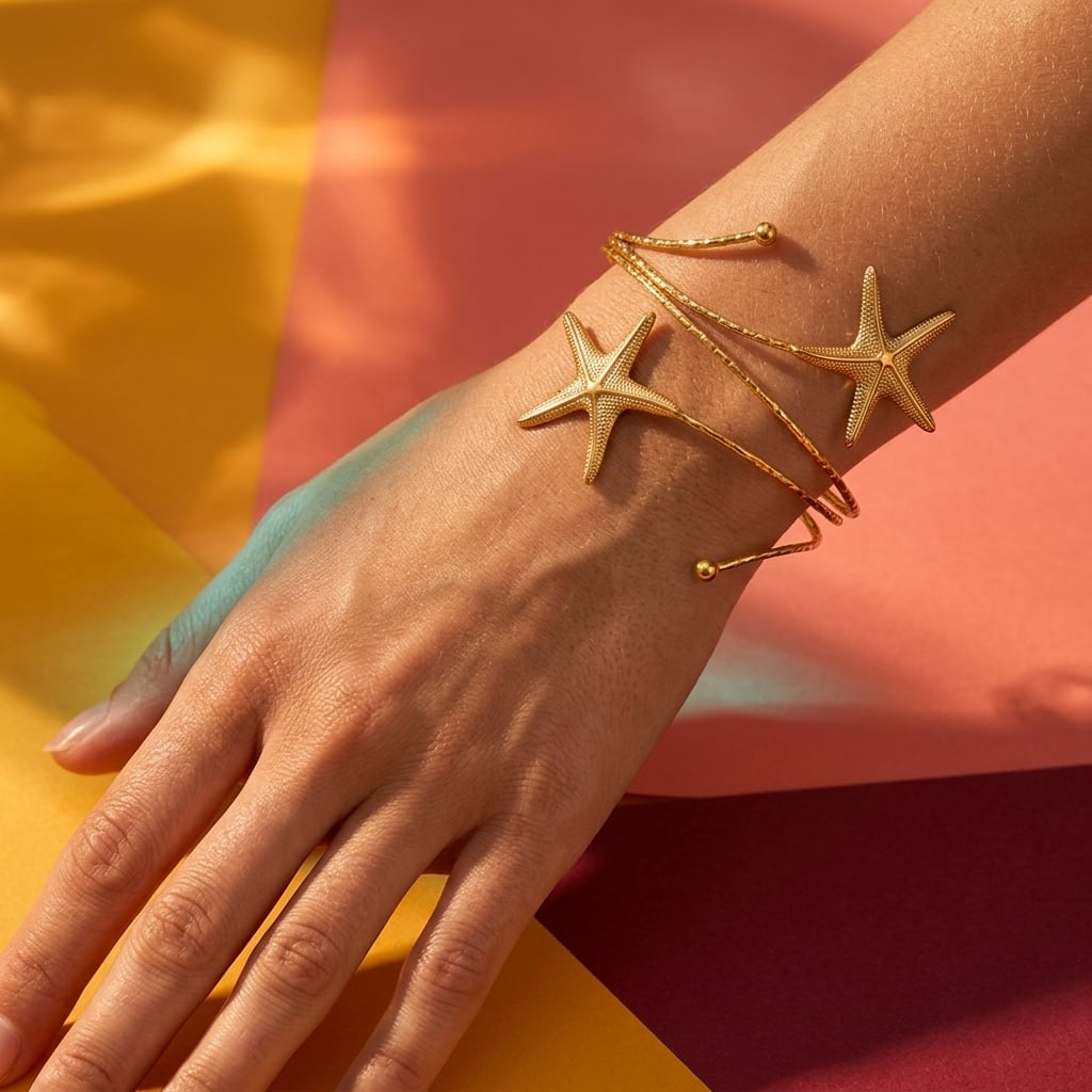 Bracelet de bras enroulé à étoiles de mer en acier inoxydable porté | Bloom × Blaze