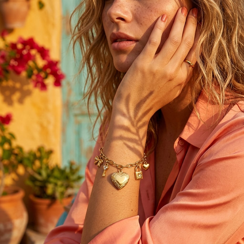 Bracelet à breloques cœur, clé et nœud en acier inoxydable porté | Bloom × Blaze