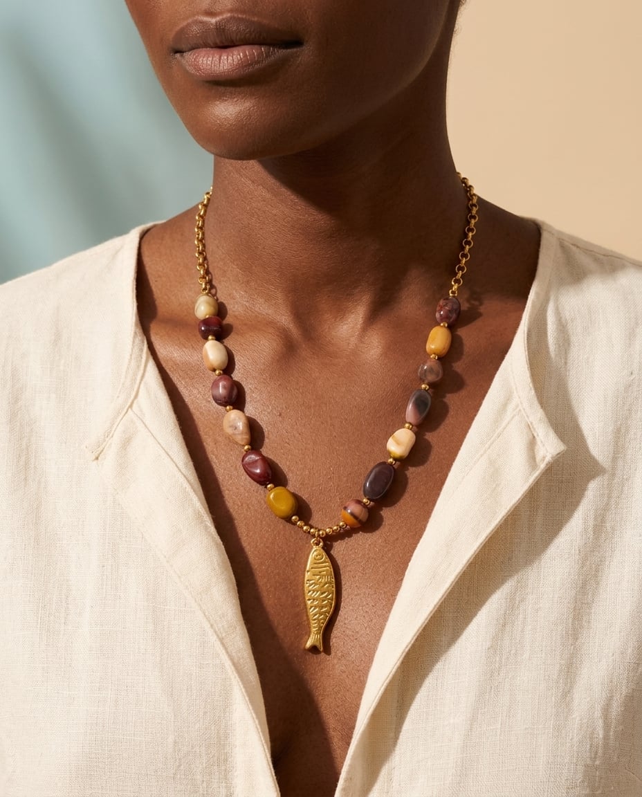 Collier pendentif poisson en acier inoxydable et perles effet pierre porté | Bloom × Blaze
