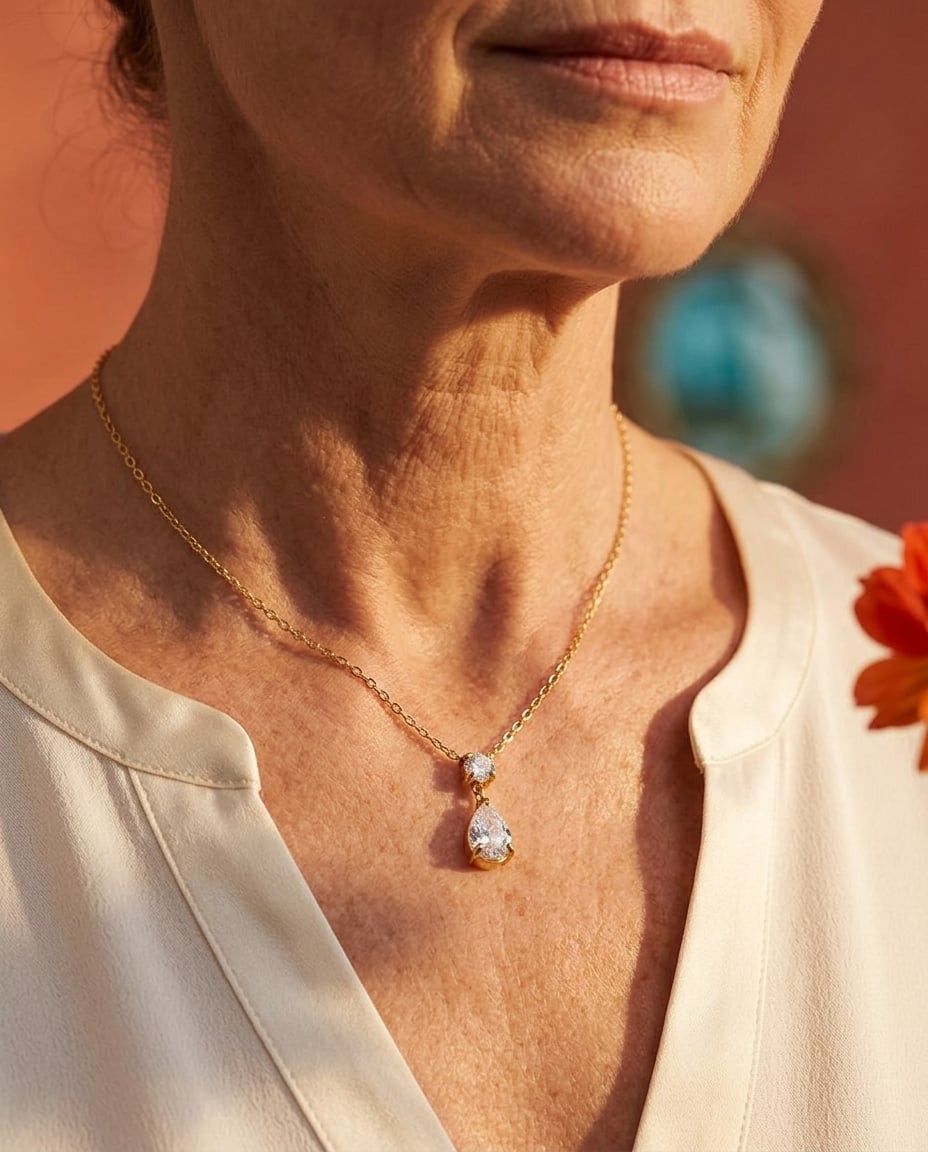 Collier pendentif goutte d'eau en acier inoxydable et zircone porté | Bloom × Blaze