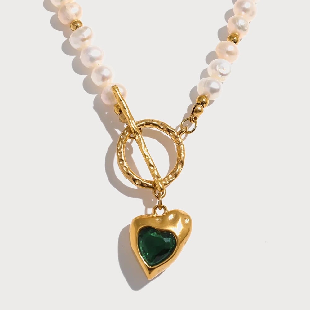 Collier pendentif cœur en acier inoxydable et perles — coloris Vert | Bloom × Blaze