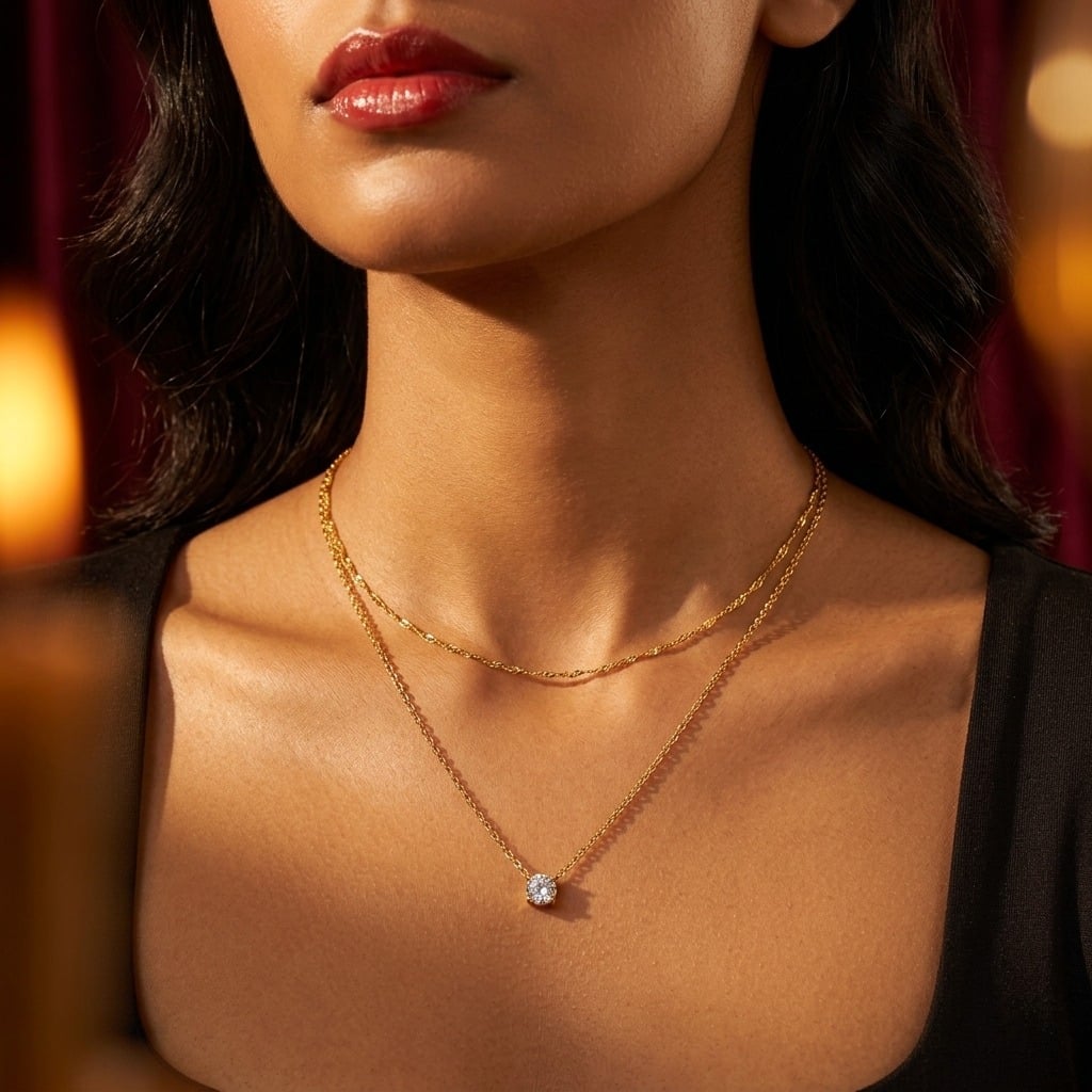 Collier double chaîne superposé et zircone en acier inoxydable porté | Bloom × Blaze