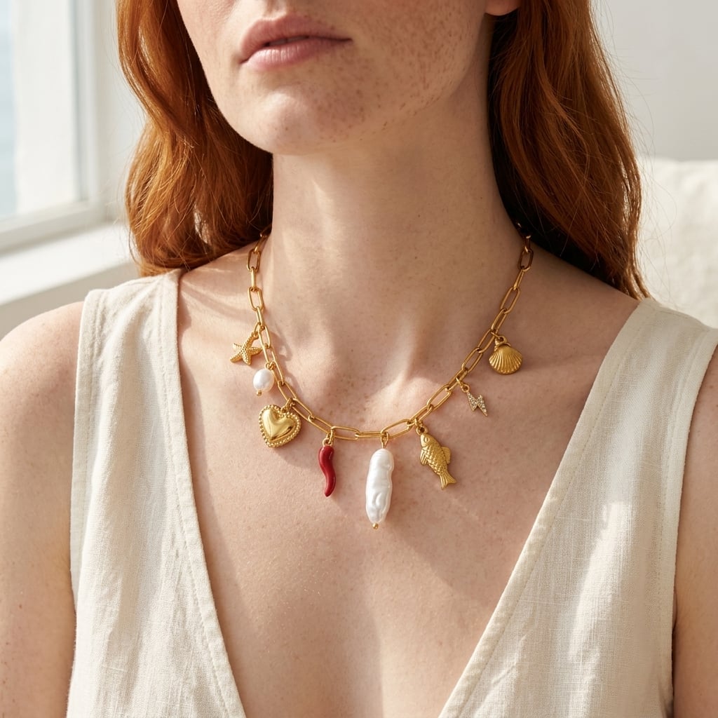 Collier à breloques perles, coquille et cœur en acier inoxydable doré porté | Bloom × Blaze