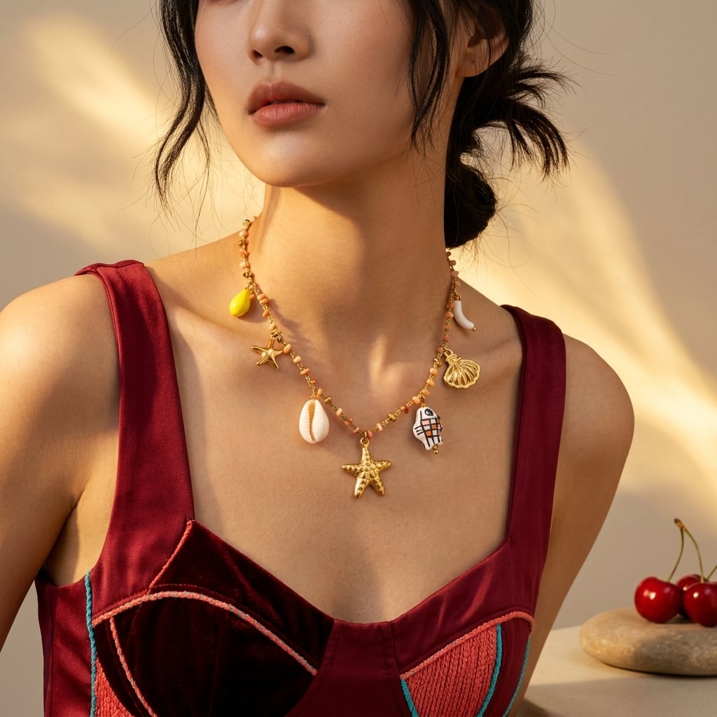 Collier à breloques coquillage, étoile de mer et poisson en céramique porté | Bloom × Blaze