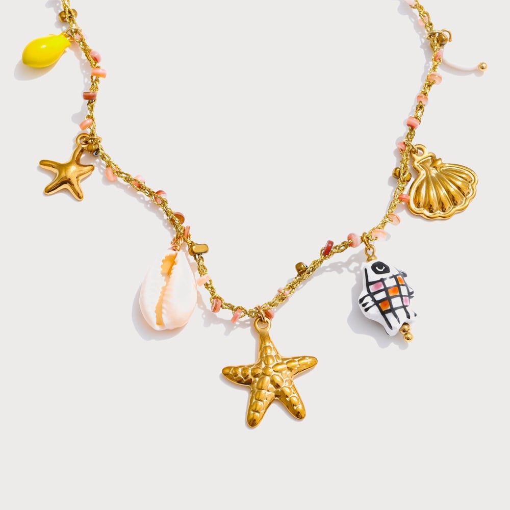 Collier à breloques coquillage, étoile de mer et poisson en céramique | Bloom × Blaze