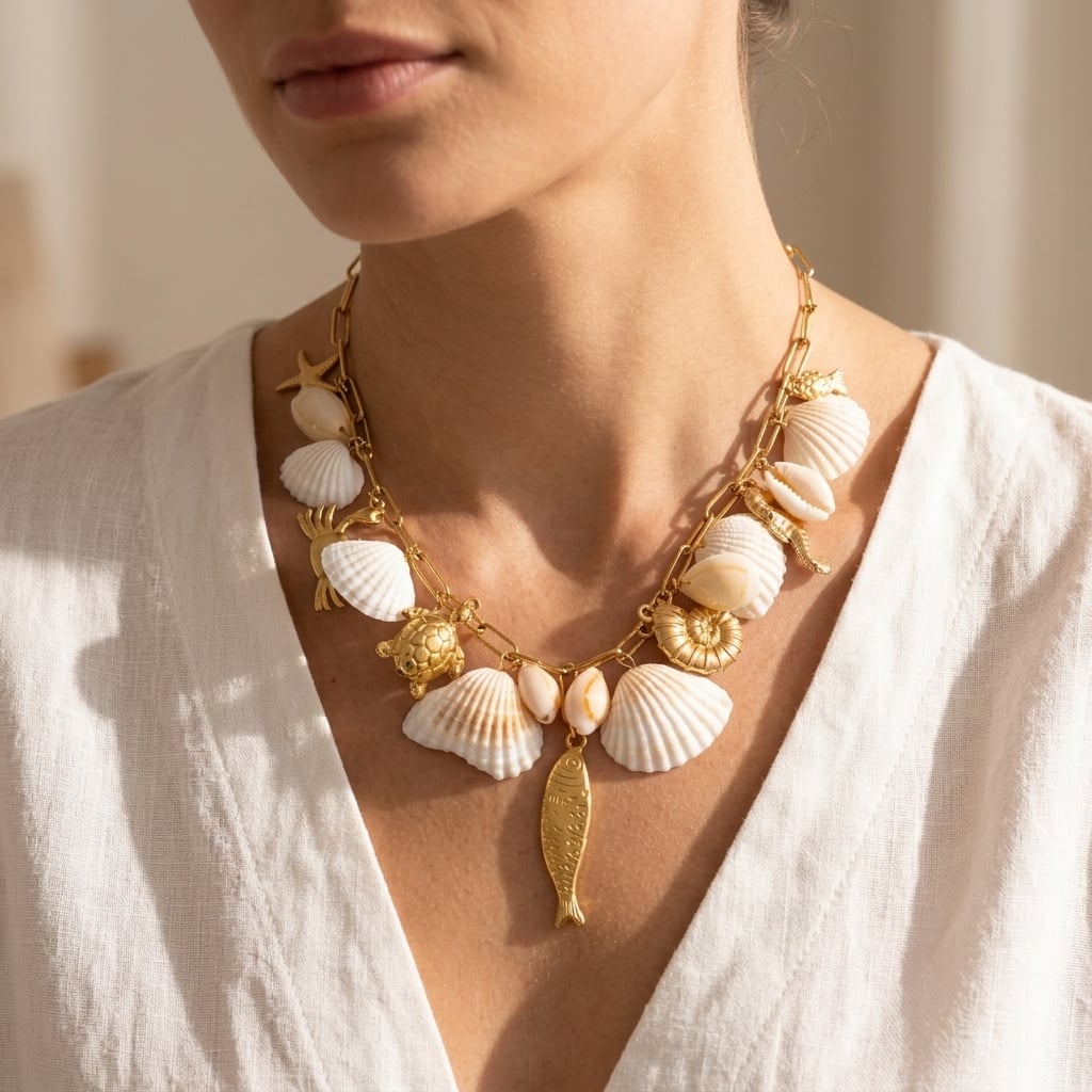 Collier multi-breloques coquillages et poissons en acier inoxydable doré porté | Bloom × Blaze