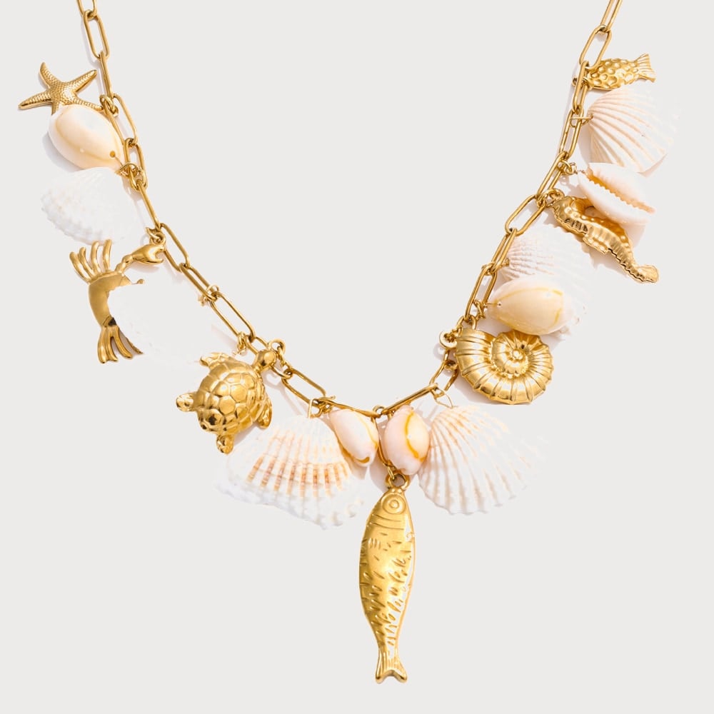 Collier multi-breloques coquillages et poissons en acier inoxydable doré | Bloom × Blaze