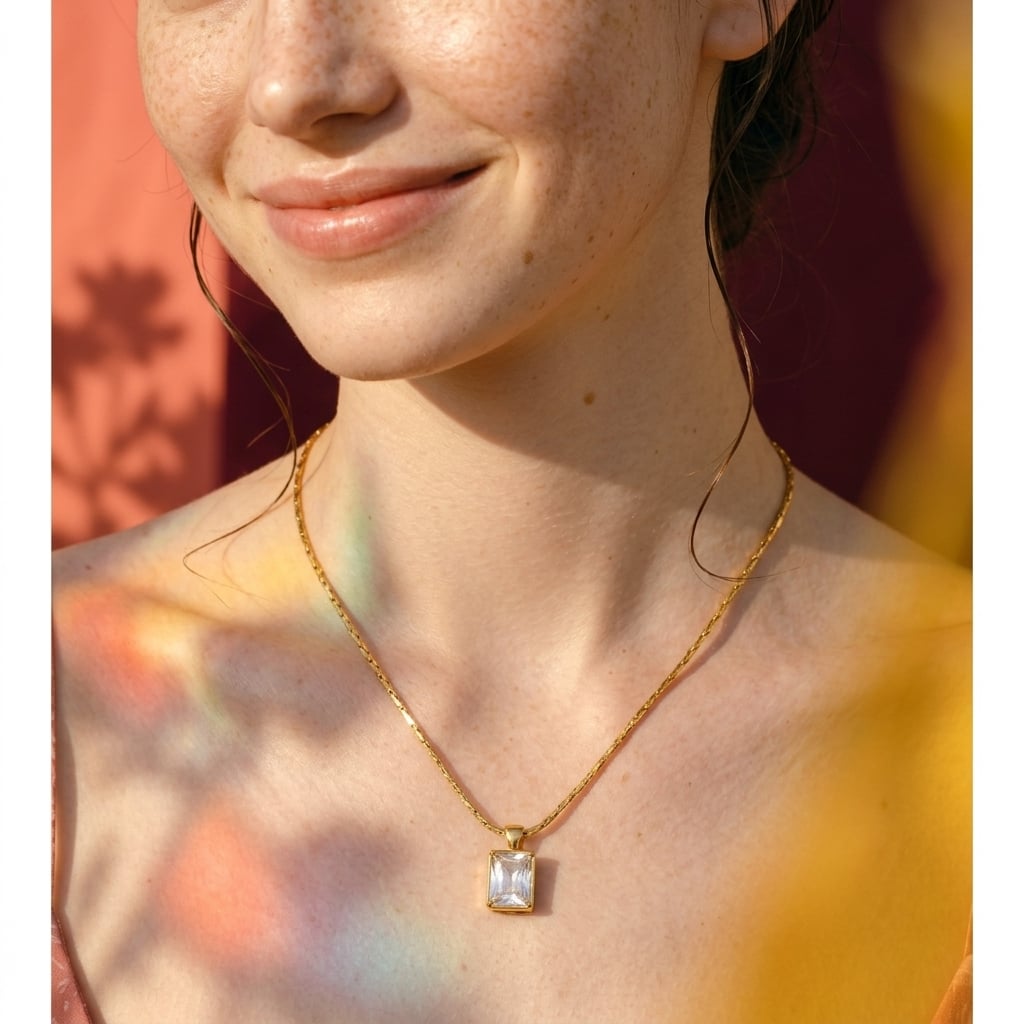 Collier pendentif rectangulaire zircone en acier inoxydable doré porté | Bloom × Blaze