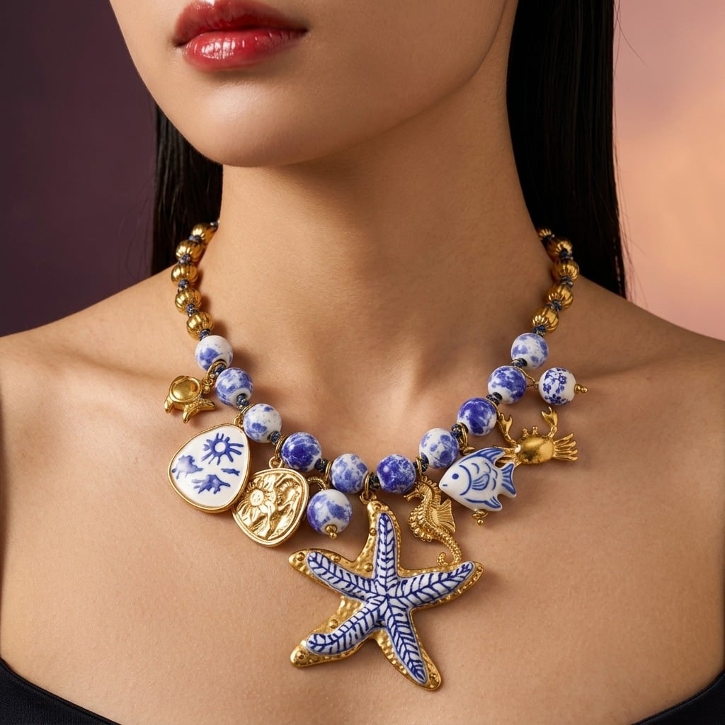 Collier statement étoile de mer en acier inoxydable doré et céramique porté | Bloom × Blaze