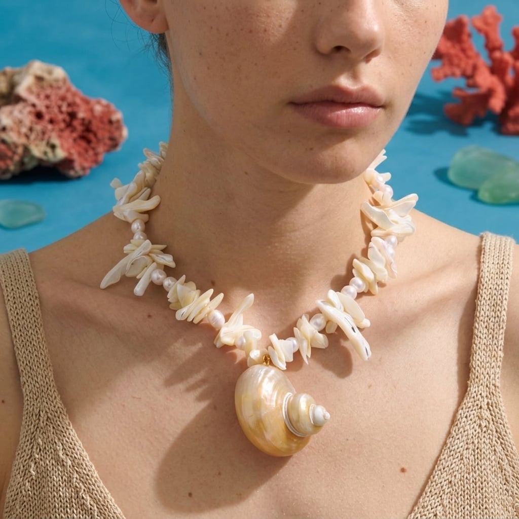 Collier pendentif conque et chips de coquillage naturel en acier inoxydable doré porté | Bloom × Blaze
