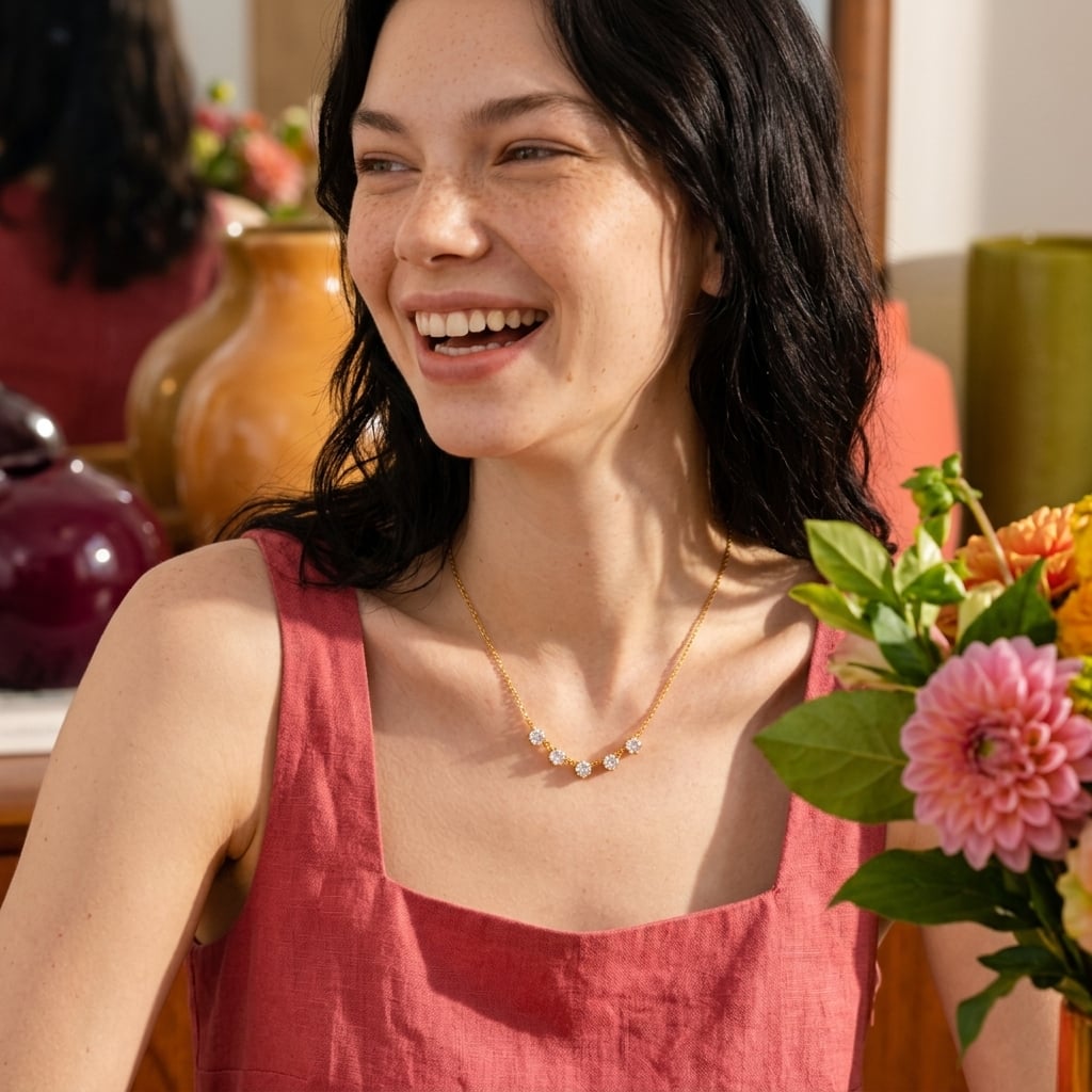 Collier ras-de-cou à cinq zircones serties en acier inoxydable porté | Bloom × Blaze