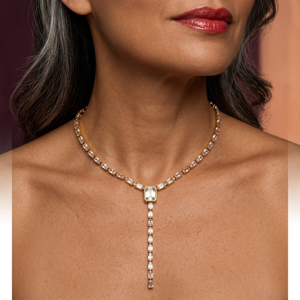 Collier en Y à zircones baguette en acier inoxydable doré porté | Bloom × Blaze