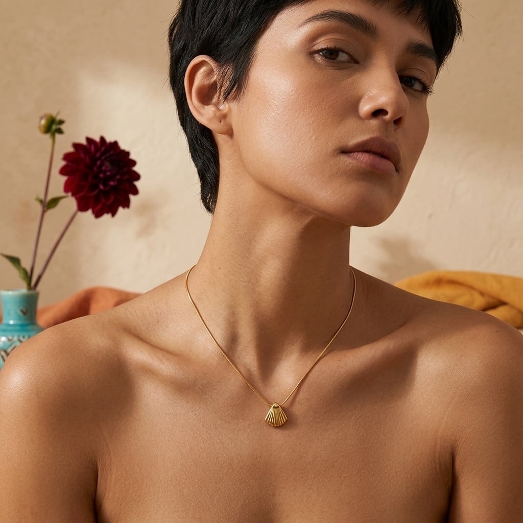 Collier pendentif coquille en acier inoxydable doré porté | Bloom × Blaze