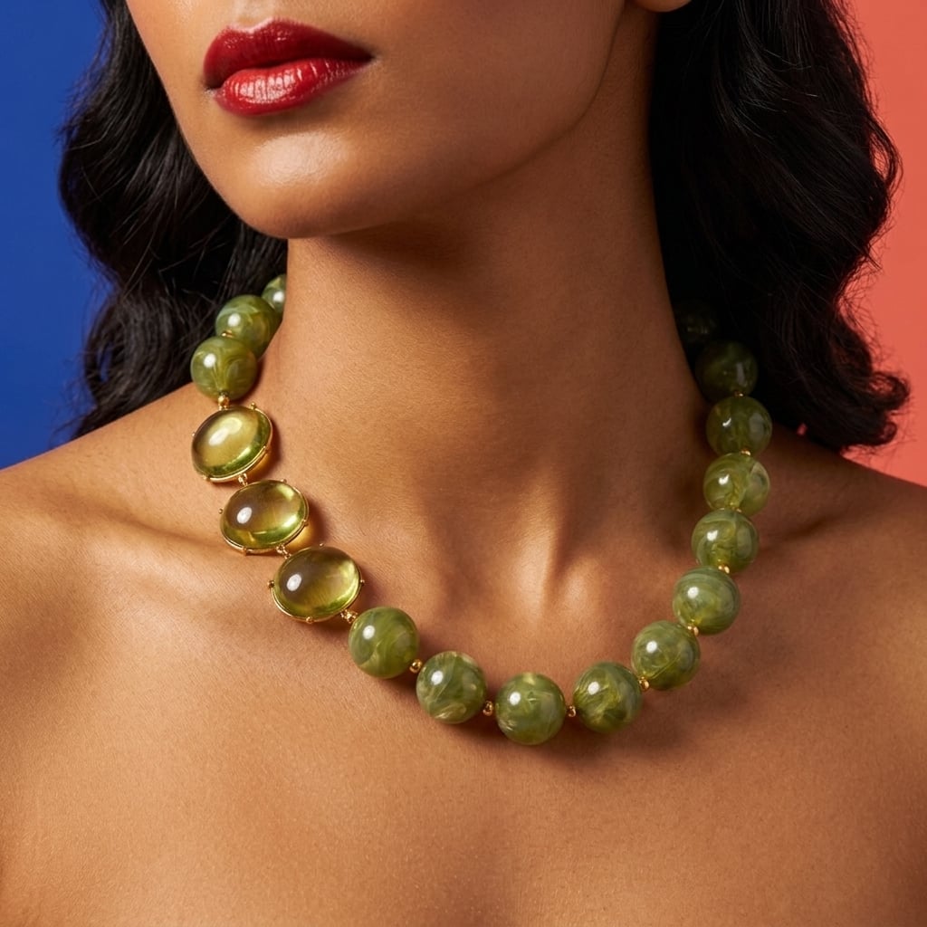 Collier ras-du-cou perles et cabochons en résine porté | Bloom × Blaze