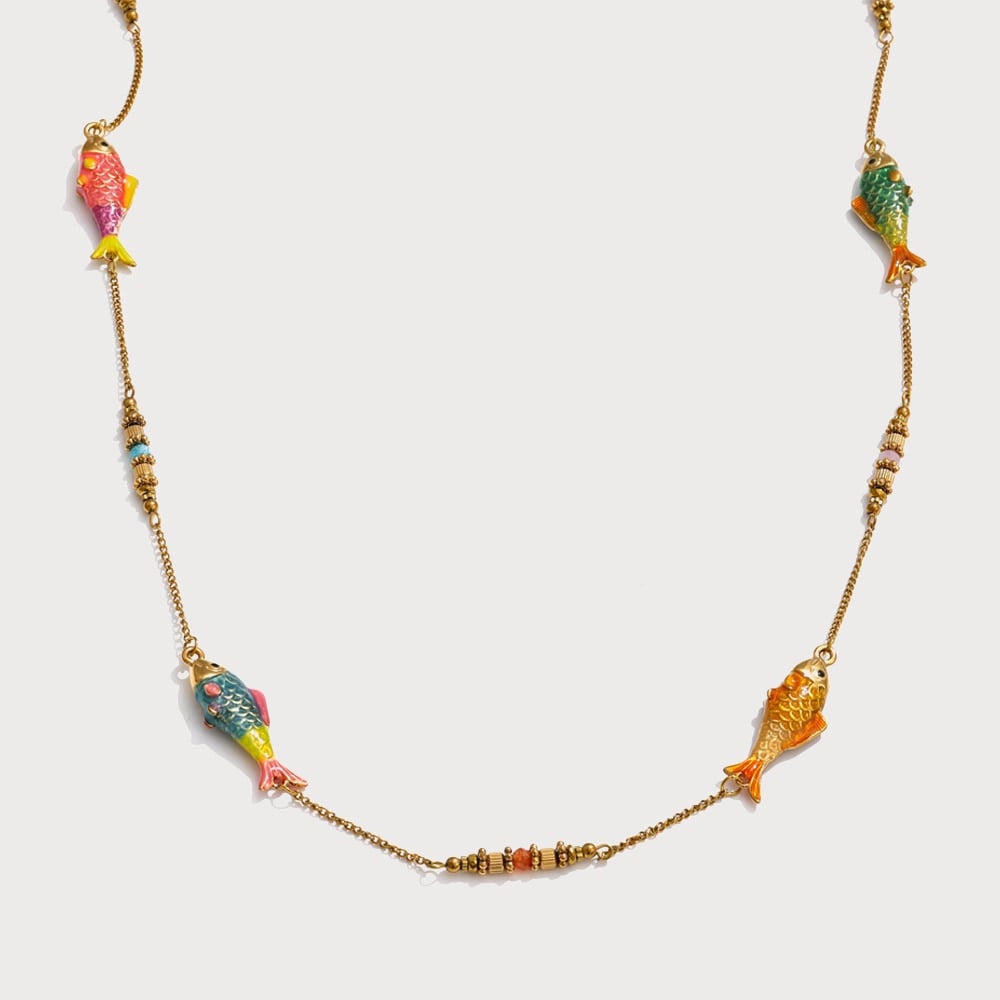Collier long sautoir à poissons émaillés en acier inoxydable doré | Bloom × Blaze