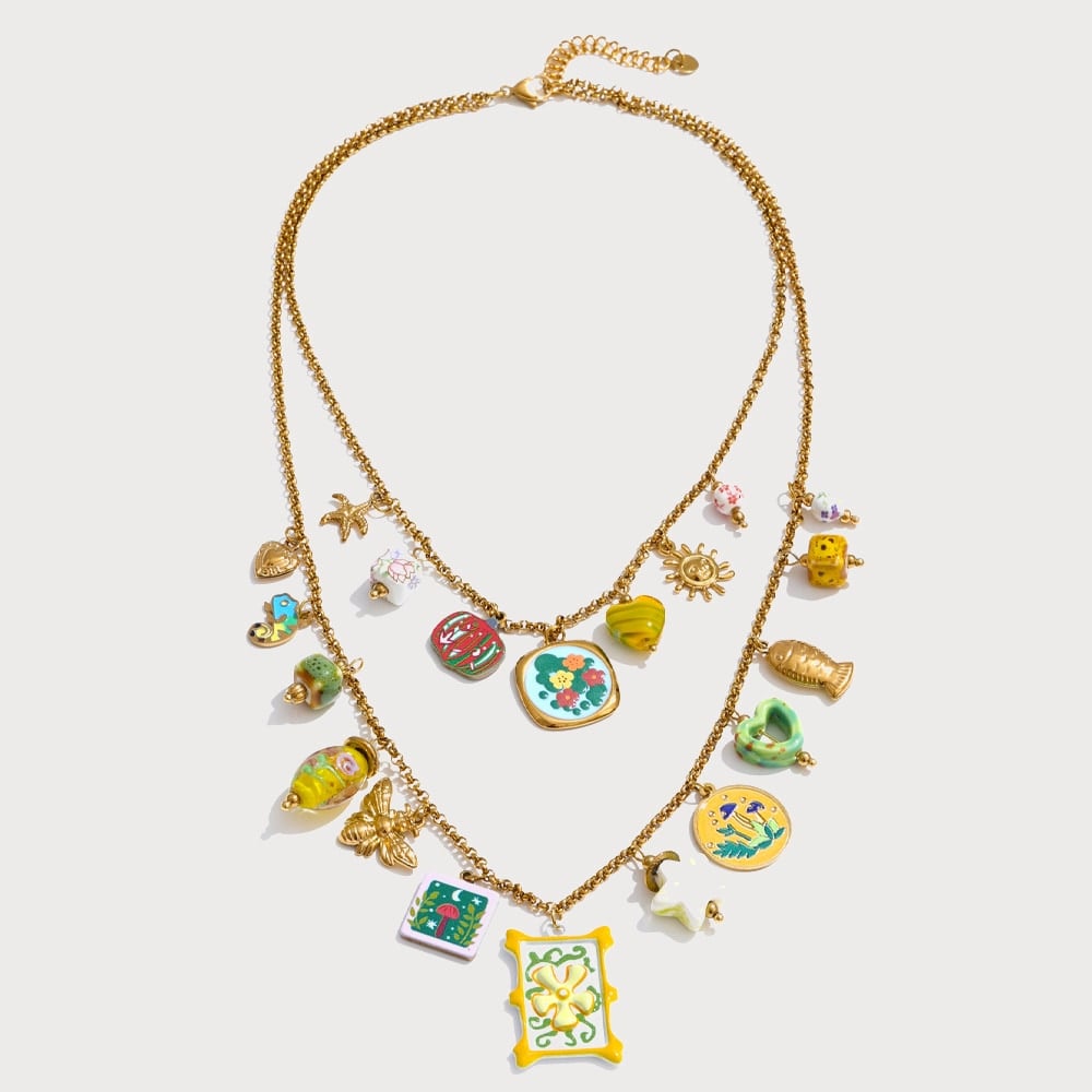 Collier multirang à breloques céramique en acier inoxydable doré | Bloom × Blaze