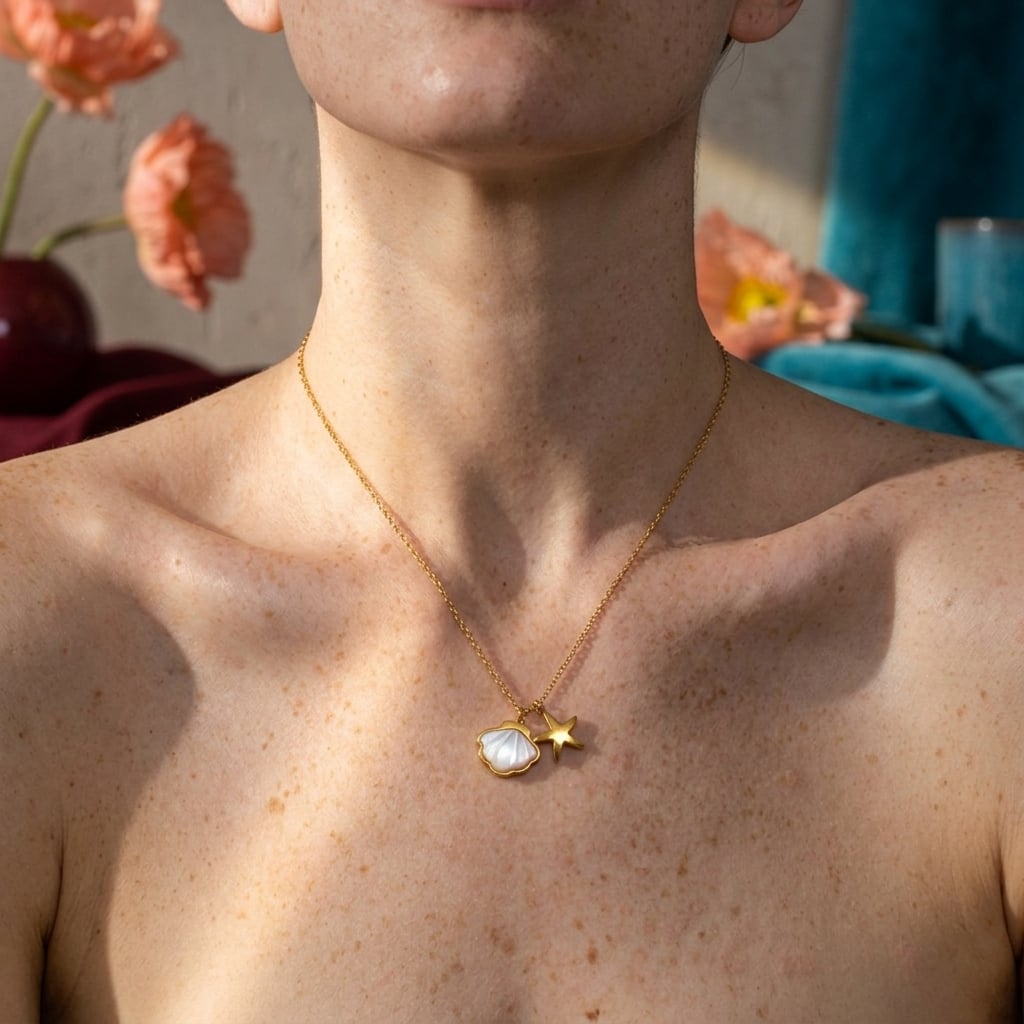 Collier pendentif étoile de mer en acier inoxydable doré porté | Bloom × Blaze