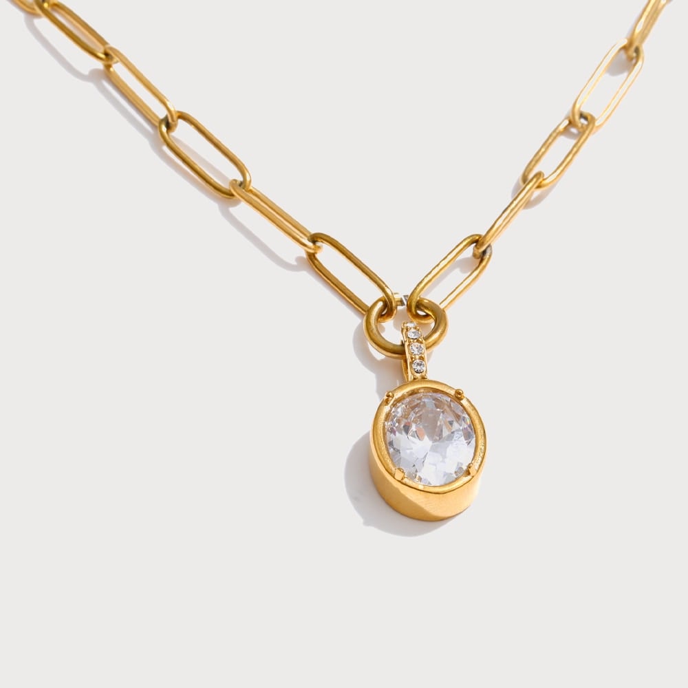 Collier maille trombone et pendentif zircone ronde en acier inoxydable doré | Bloom × Blaze