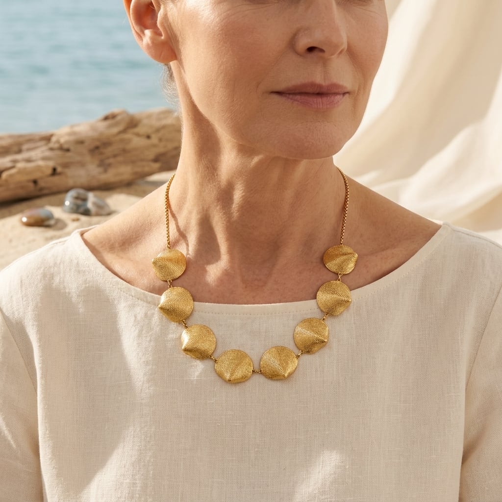 Collier à coquilles texturées en acier inoxydable doré porté | Bloom × Blaze
