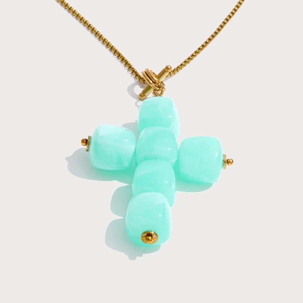 Collier à long pendentif croix en acier inoxydable et résine — coloris Bleu | Bloom × Blaze