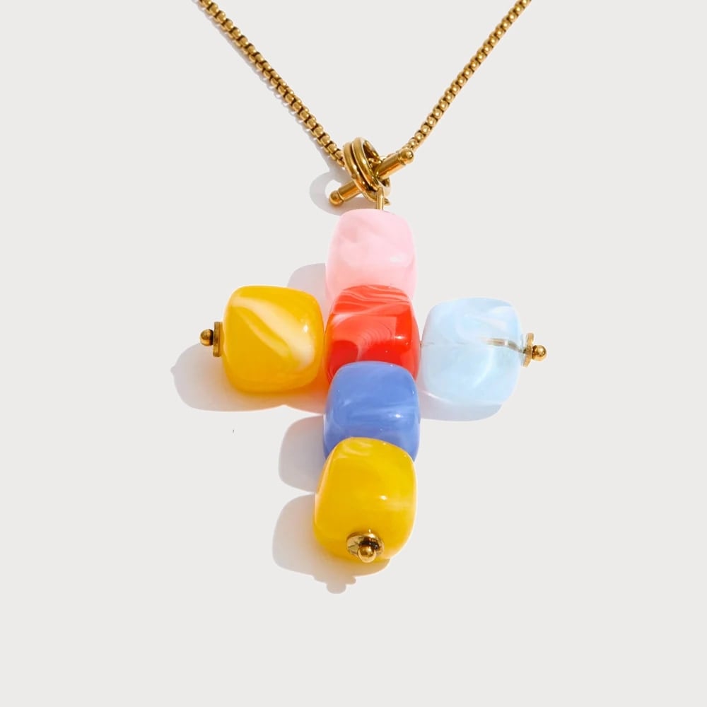 Collier à long pendentif croix en acier inoxydable et résine — coloris Multicolore | Bloom × Blaze