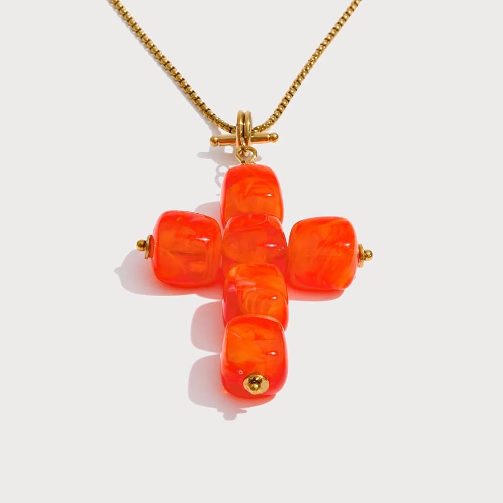 Collier à long pendentif croix en acier inoxydable et résine — coloris Orange | Bloom × Blaze