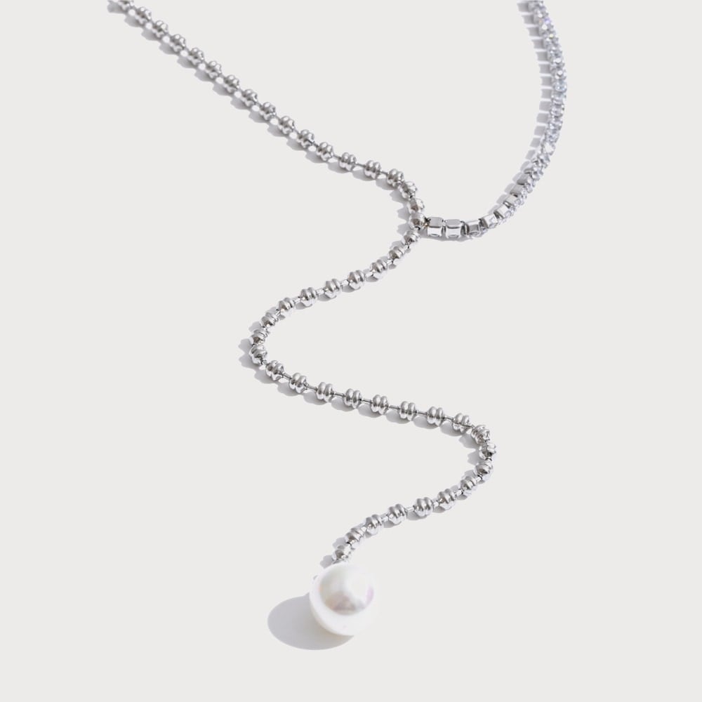 Collier lariat en Y, zircone et perle, acier inoxydable | Bloom × Blaze