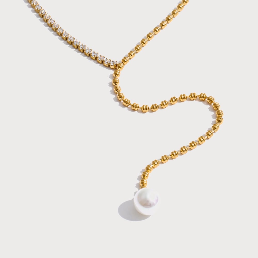 Collier lariat en Y, zircone et perle, acier inoxydable | Bloom × Blaze