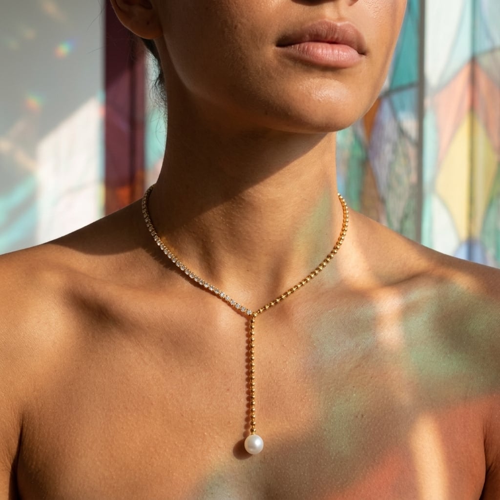 Collier lariat en Y, zircone et perle, acier inoxydable porté | Bloom × Blaze