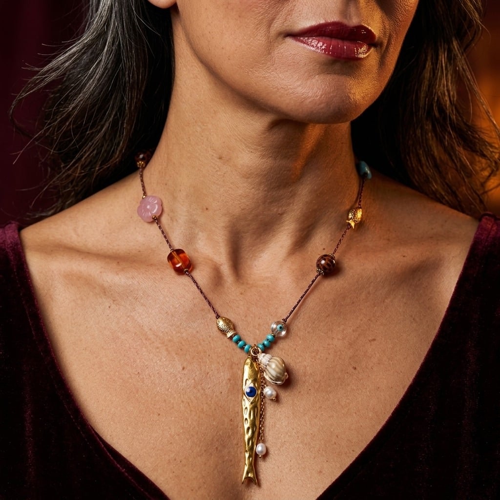 Collier cordon perlé et pendentif poisson en acier inoxydable doré porté | Bloom × Blaze