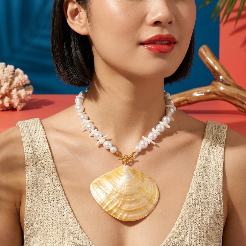 Collier en perles de synthèse et pendentif coquillage naturel porté | Bloom × Blaze