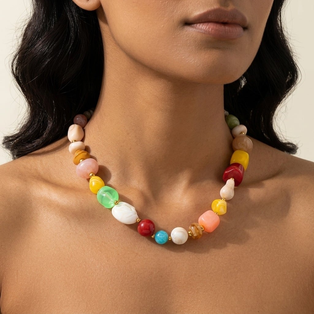 Collier de perles multicolores en résine porté | Bloom × Blaze