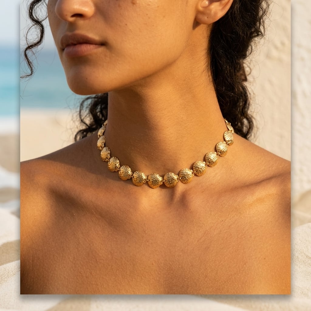 Collier ras de cou à maillons coquilles martelés en acier inoxydable porté | Bloom × Blaze