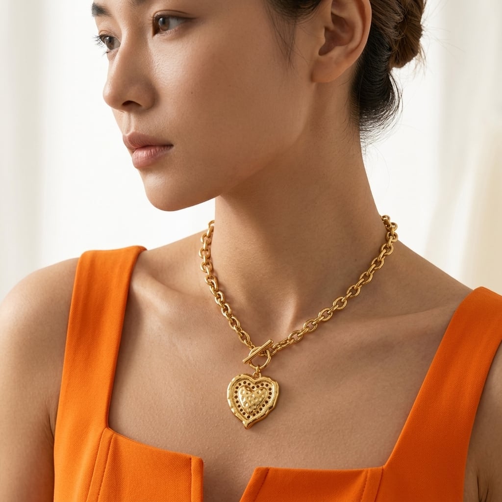 Collier à fermoir T et pendentif cœur martelé en acier inoxydable porté | Bloom × Blaze