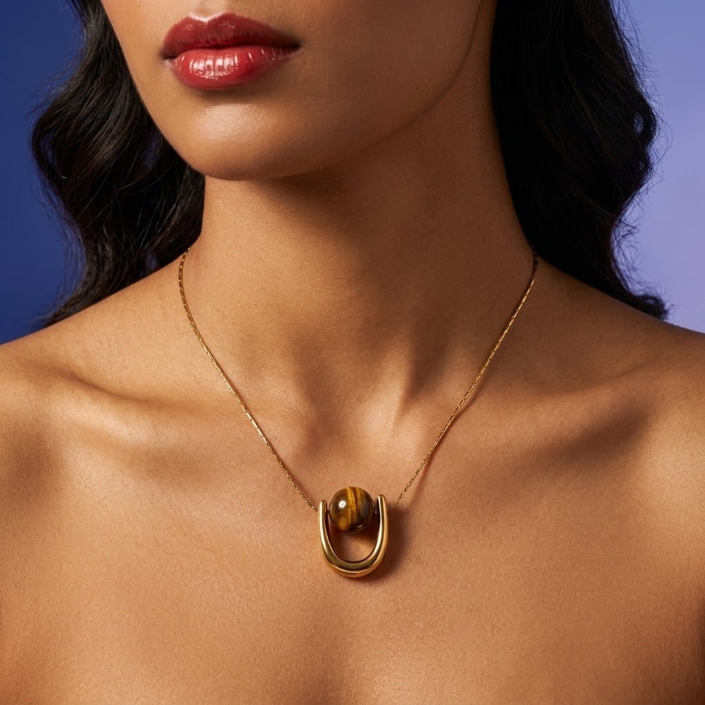 Collier pendentif pierre naturelle sur arceau en acier inoxydable porté | Bloom × Blaze