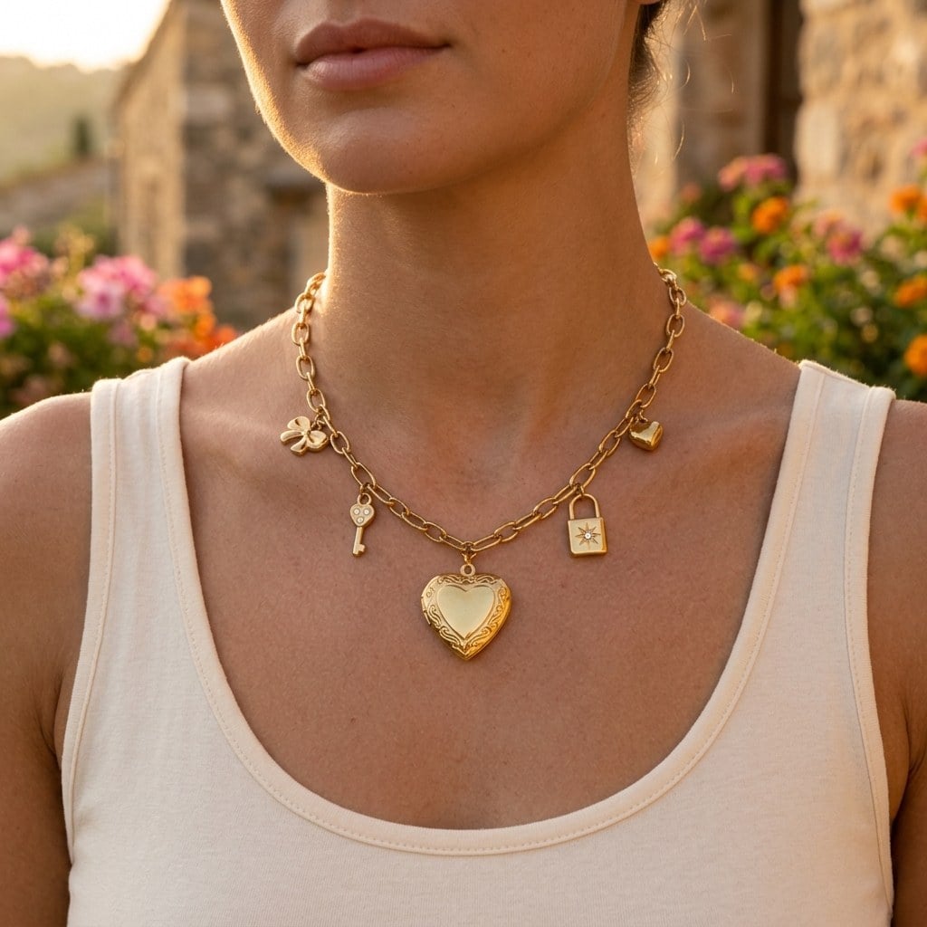 Collier Rim dore a charms avec pendentif coeur porte au cou