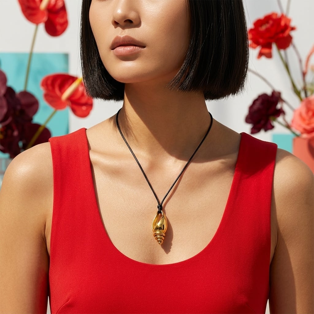 Collier cordon et pendentif conque en acier inoxydable doré porté | Bloom × Blaze