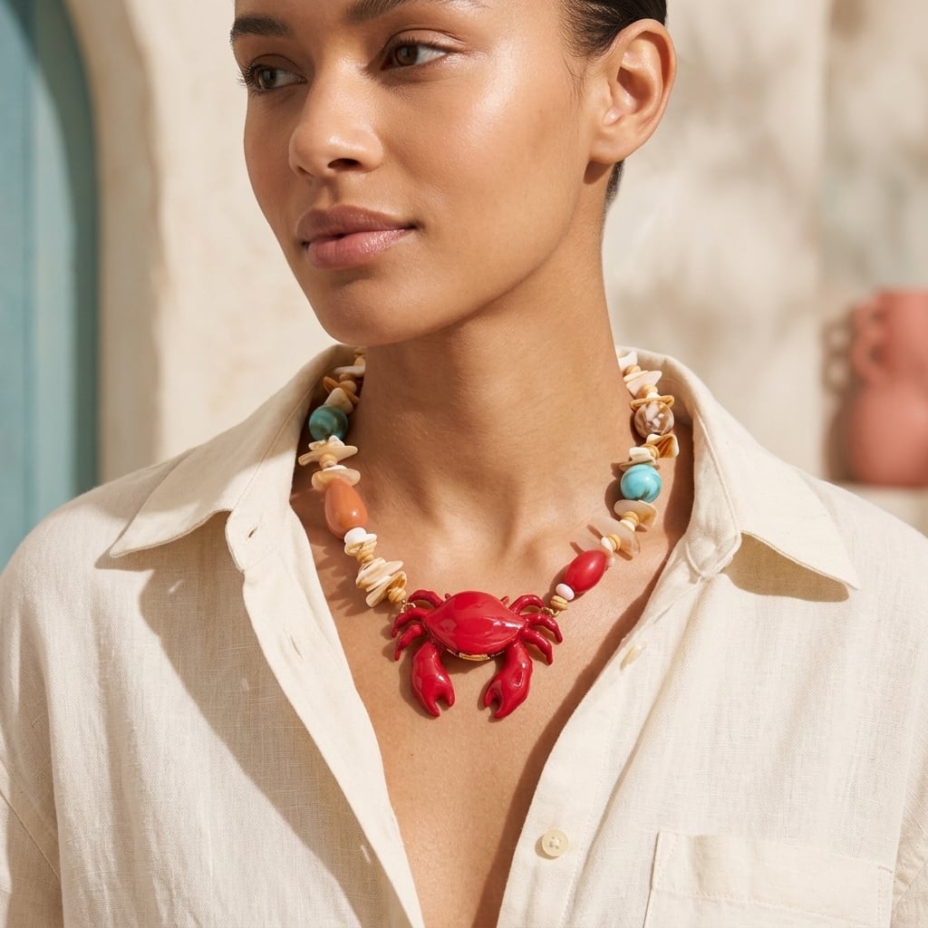 Collier de perles et coquillages à pendentif crabe en émail et résine porté | Bloom × Blaze