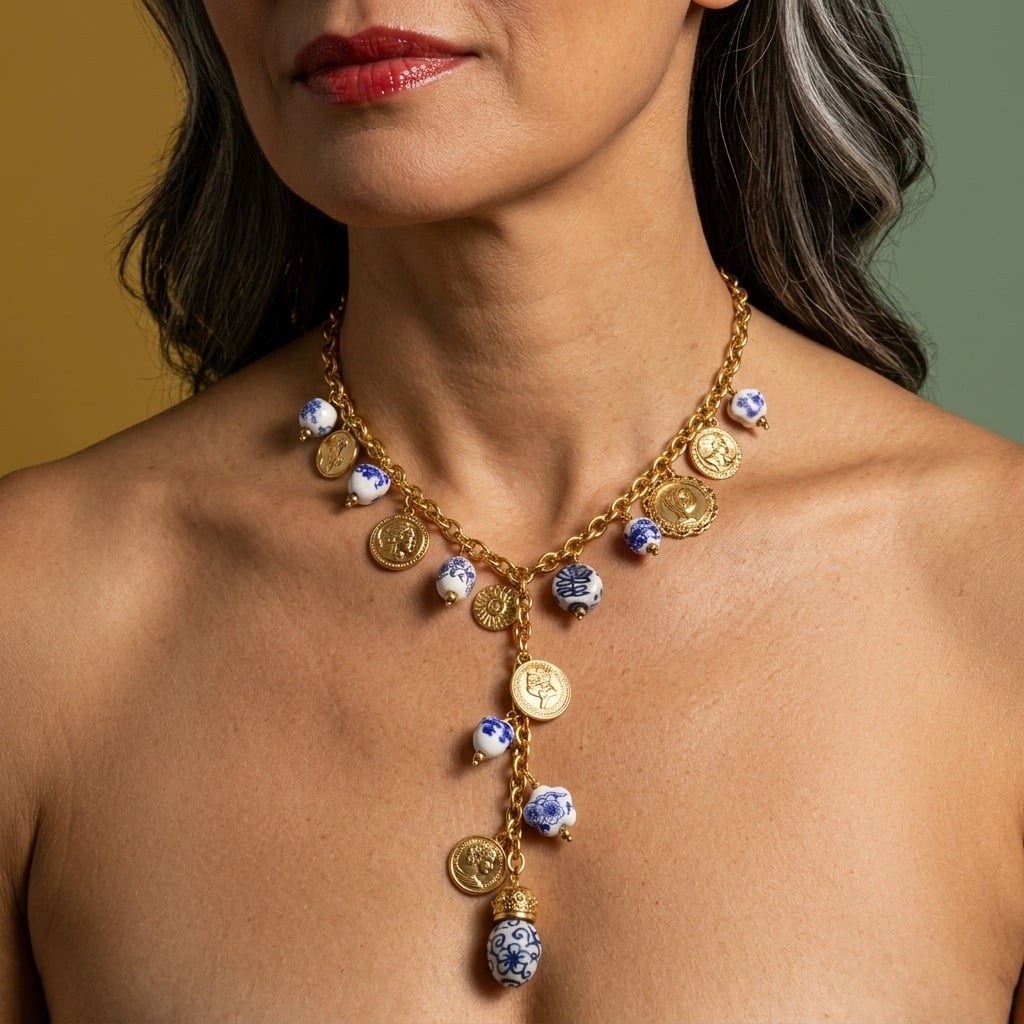 Collier Y à breloques médailles et perles en céramique bleu et blanc porté | Bloom × Blaze