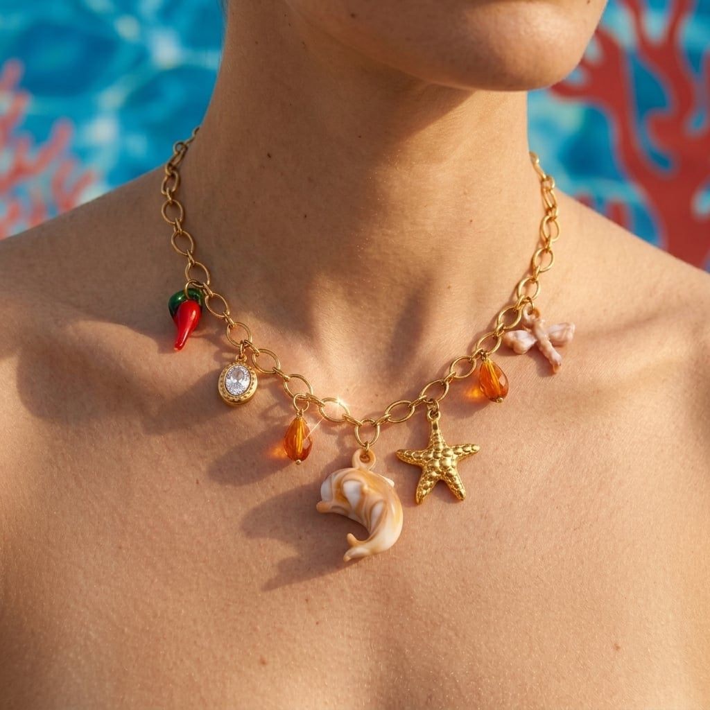 Collier multi-breloques dauphin et étoile de mer en acier inoxydable doré porté | Bloom × Blaze