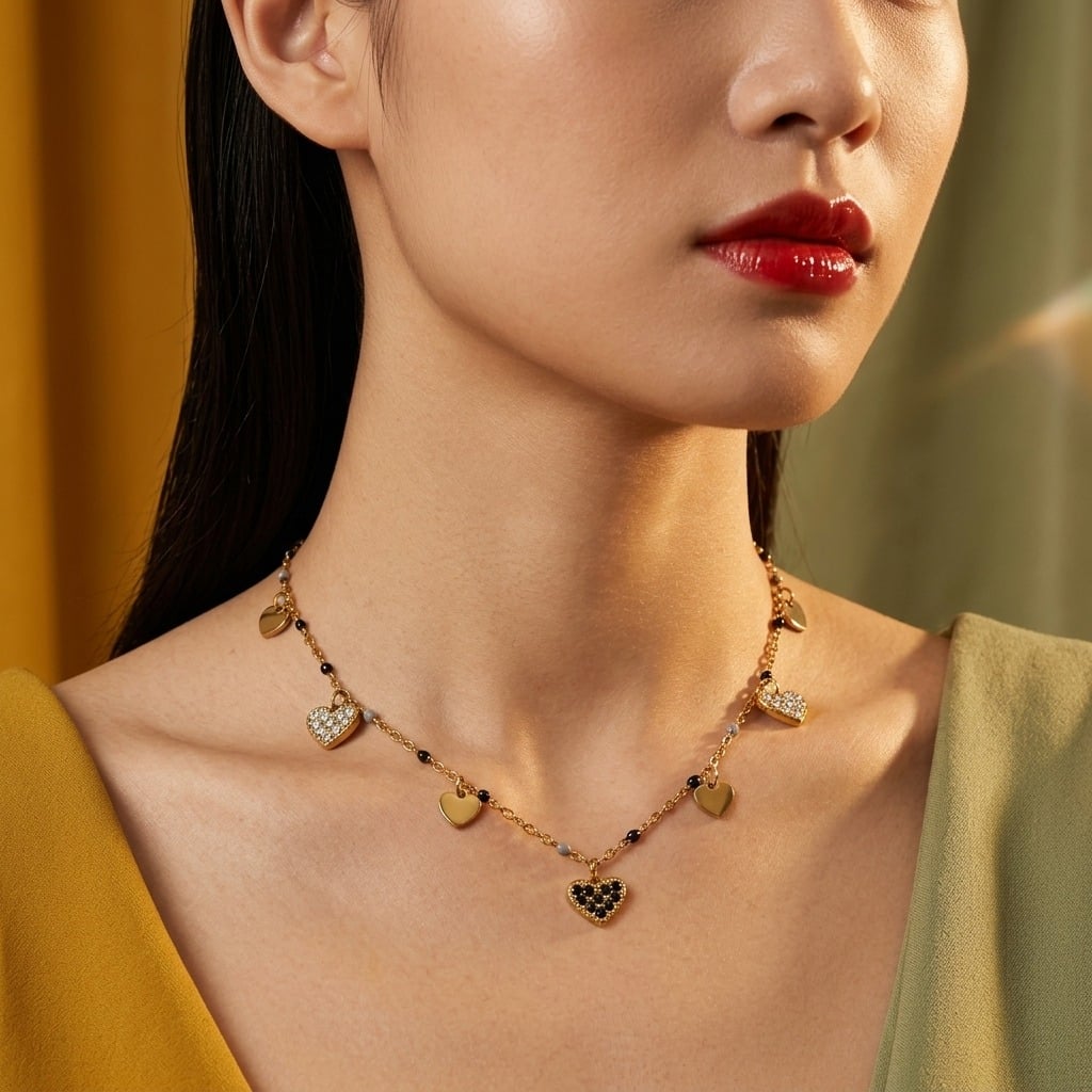 Collier à pampilles cœurs et strass en acier inoxydable doré porté | Bloom × Blaze