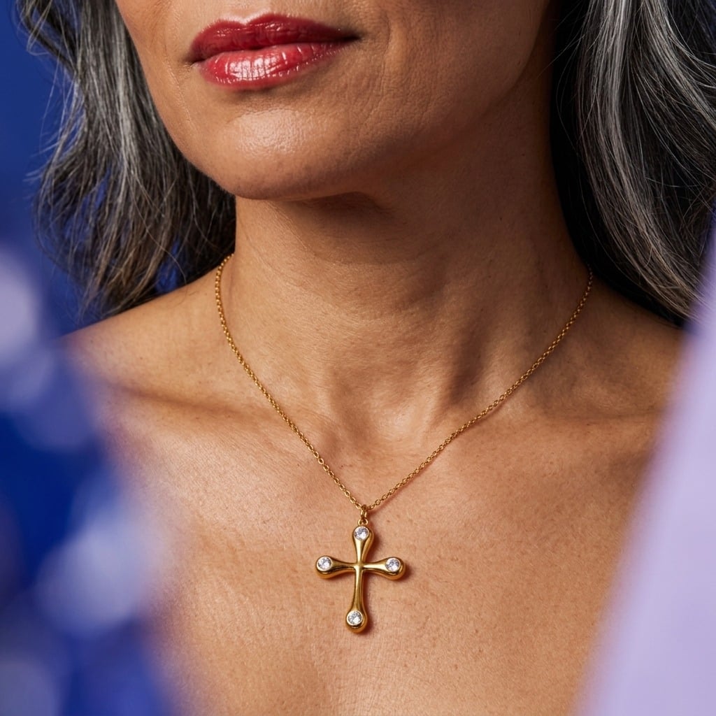 Collier pendentif croix sertie de zircones en acier inoxydable porté | Bloom × Blaze